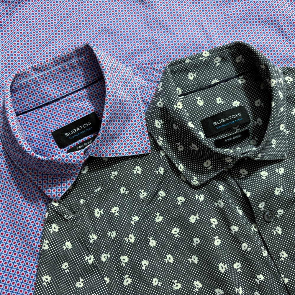 Bugatchi Shirt Men Small OoohCotton Tech 8 Way Stretch Floral Geometric Lot of 2